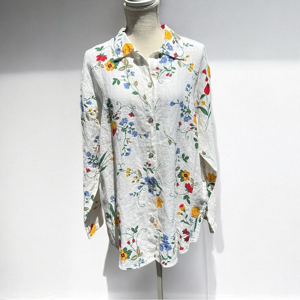 Hot Cotton Floral Button Down Shirt - White with Multicolor Flowers